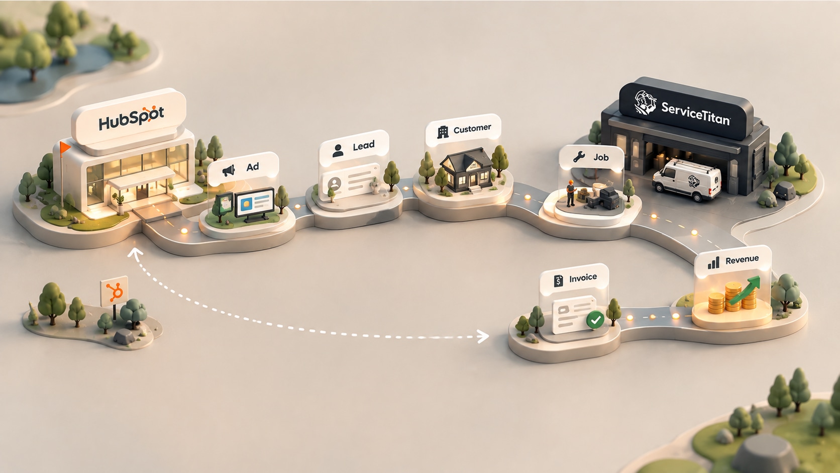 Customer journey from Google Ads through ServiceTitan invoices to HubSpot deal revenue attribution