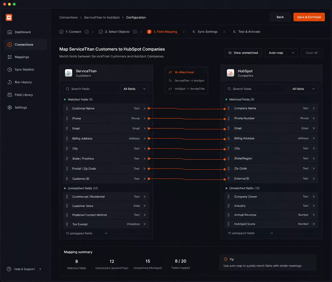 Synkazo dashboard mapping ServiceTitan customer fields to HubSpot company properties