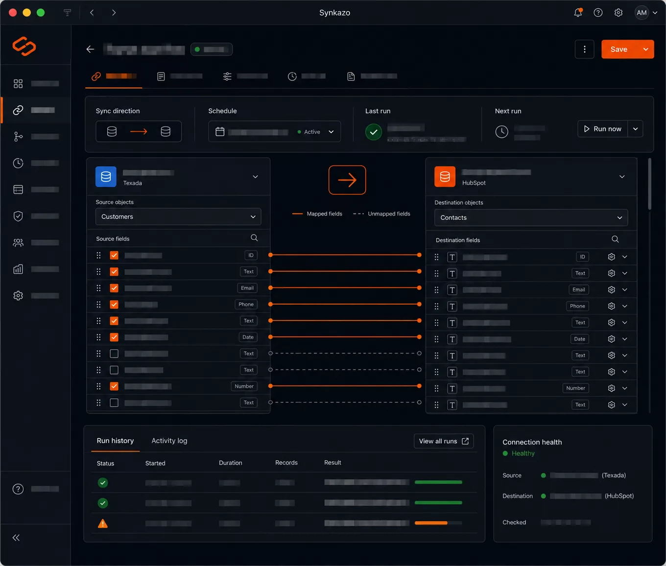 Synkazo dashboard configuring a one-way customer sync from Texada to HubSpot