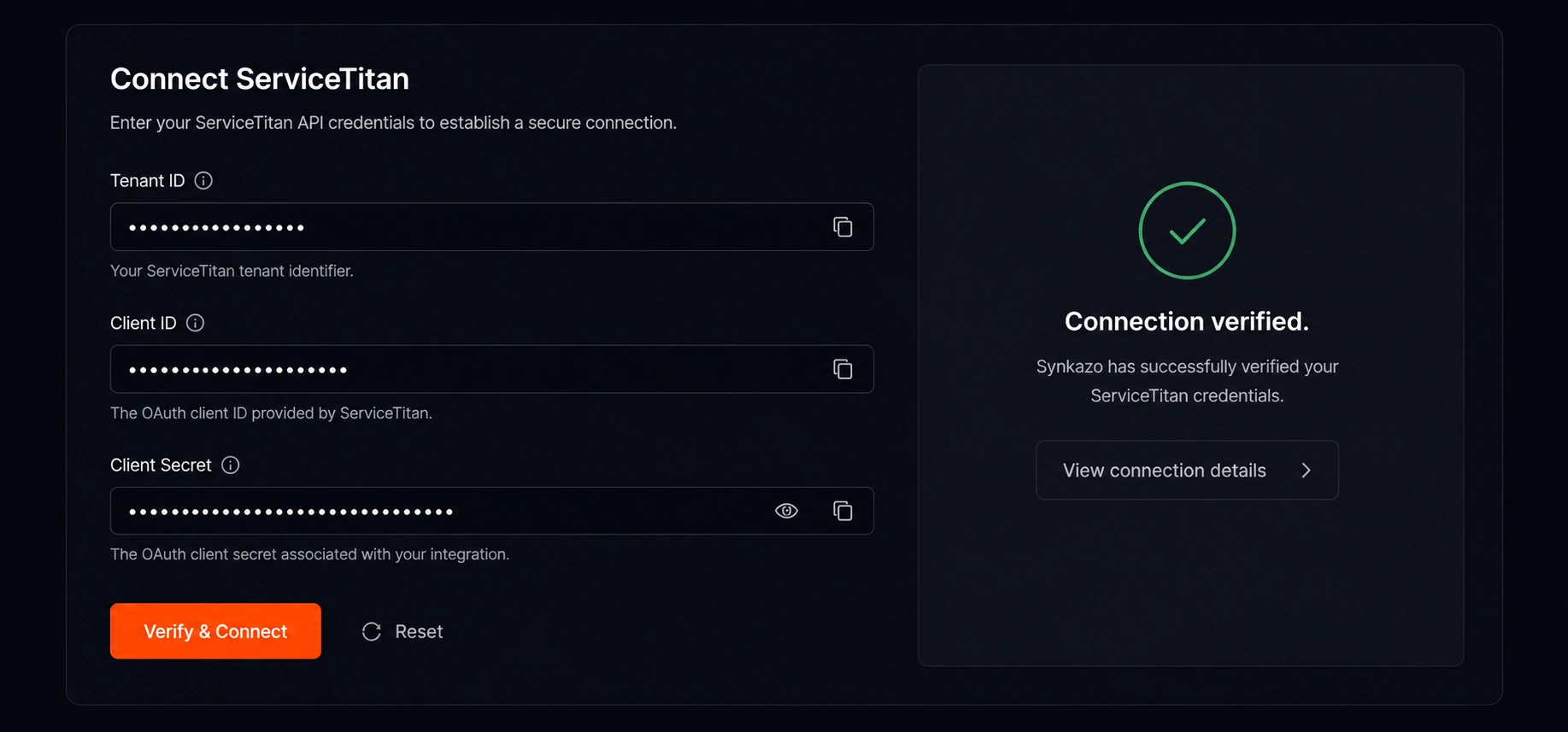 ServiceTitan credentials form with a verified connection status in Synkazo