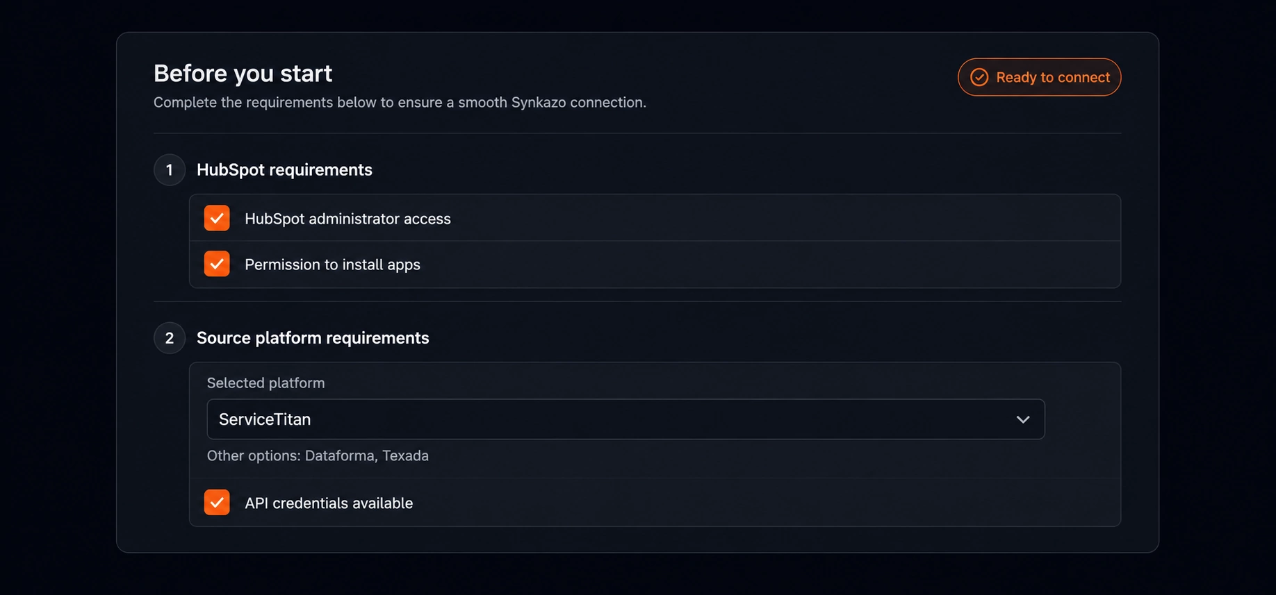 Checklist of HubSpot permissions and source-platform credentials required before setting up Synkazo
