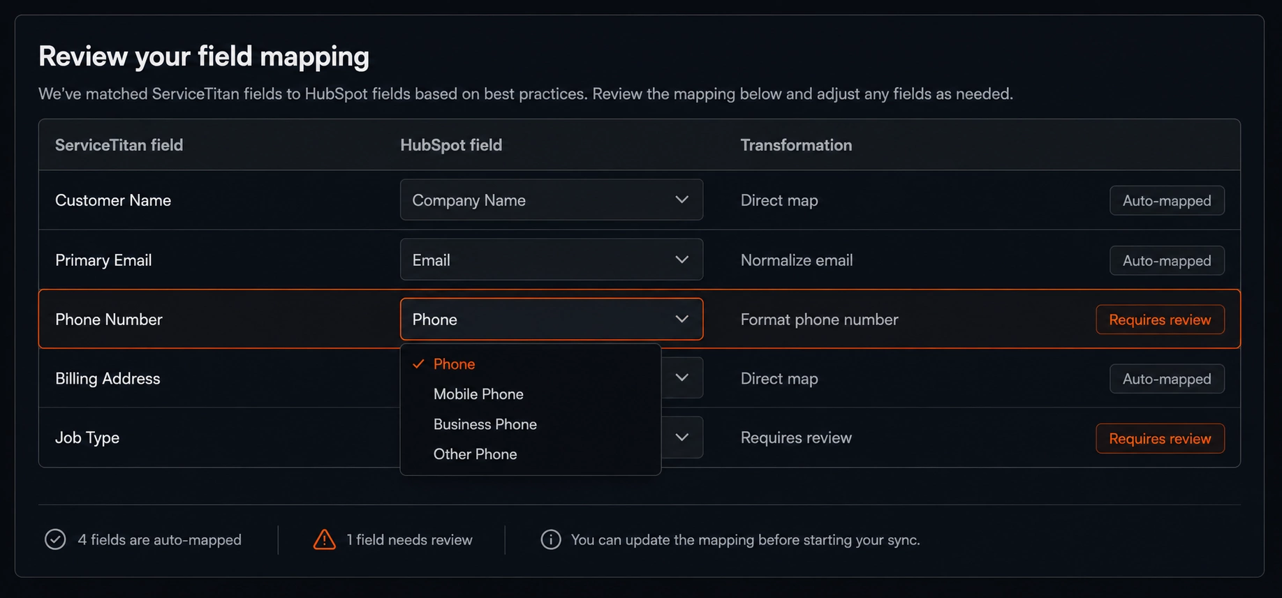 Field-mapping table between ServiceTitan and HubSpot fields in Synkazo
