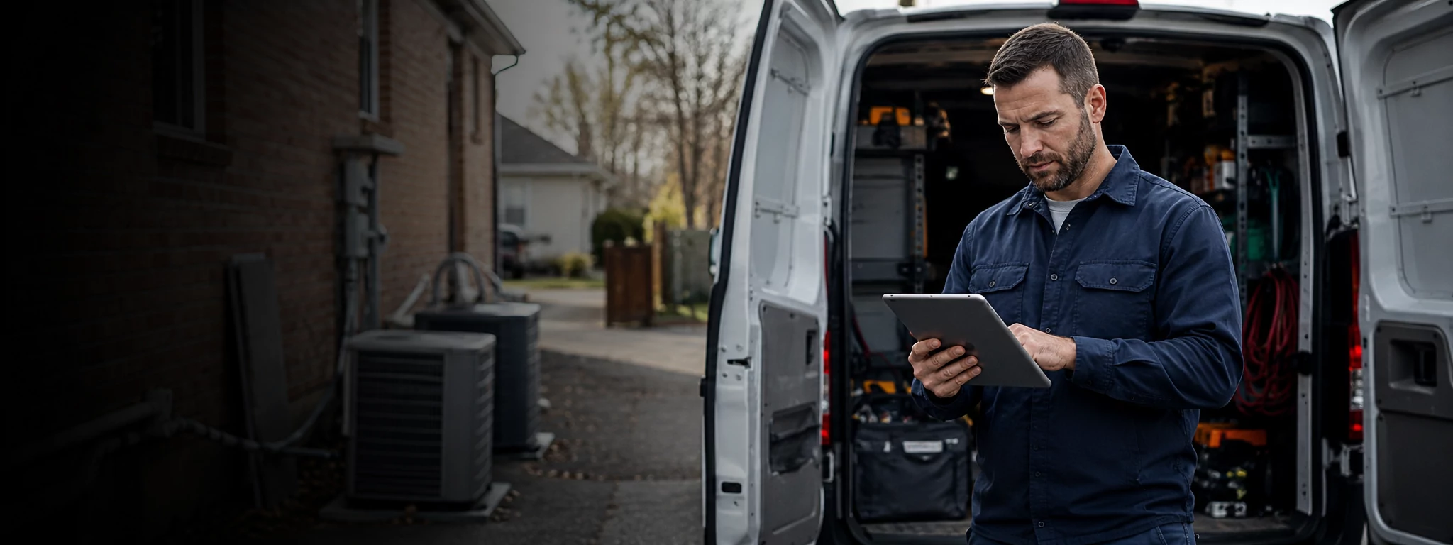 HVAC technician holding a tablet in front of a rooftop condenser unit