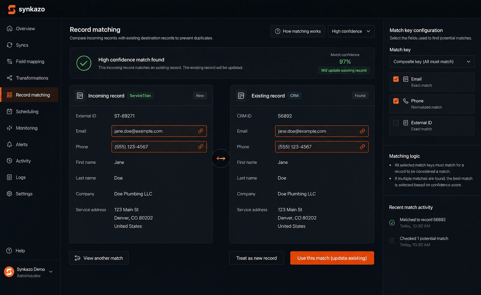 Synkazo comparing customer records and selecting an existing match