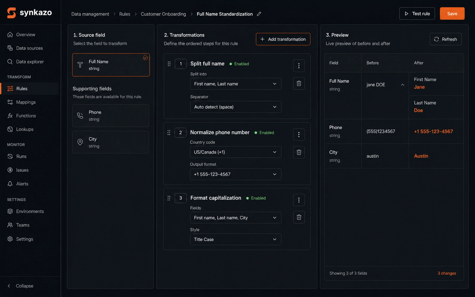 Synkazo transformation builder previewing changes to customer data